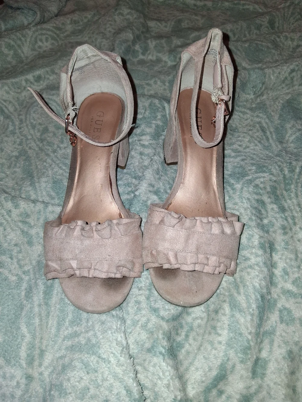 Guess Blush Pink Ruffled Block Heel Sandals